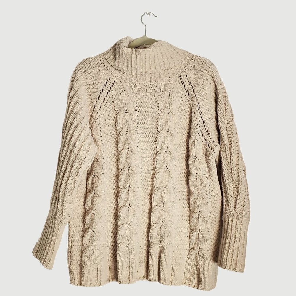 Chunky Cozy Neutral Cable Knit Oversized Mock Turtle Neck Sweater Women Size S